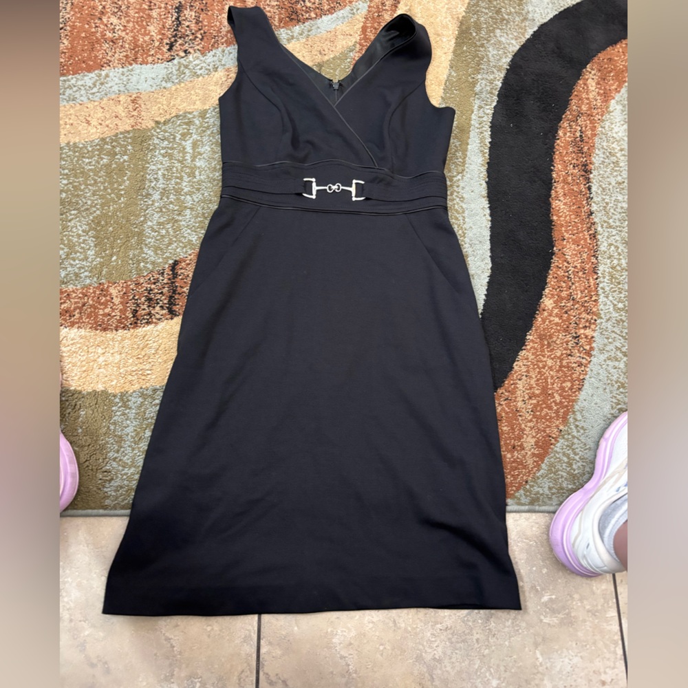 White House Black Market Black V‑Neck Midi Dress with Silver Buckle
